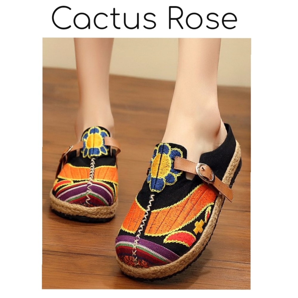 Cactus Rose Slip-On Black Floral Espadrille Mule Sz 38